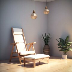 A modern minimalist living room with a wooden recliner chair, footrest, and decorative plants under stylish pendant lights. - obrazy, fototapety, plakaty