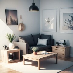 A cozy and stylish living room featuring a dark gray sofa, wooden coffee table, and decorative wall art.