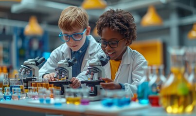 Two little boy students child learn science research and doing a chemical science experiment making analyzing and mix liquid in test tube on class at school