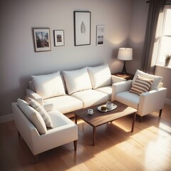 Cozy living room with modern white sofas, a wooden coffee table, and soft sunlight filtering through the window.