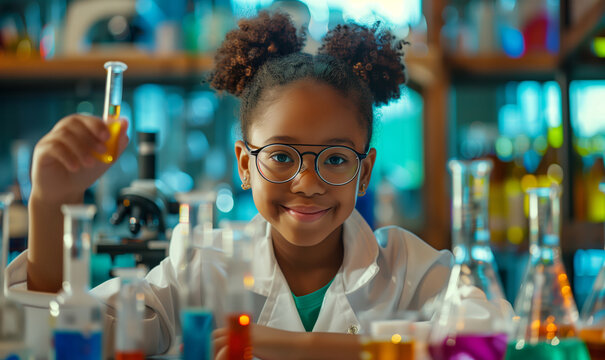 Happy African American child girl student is learning and test science chemical with colorful liquid in beaker in laboratory room at school