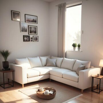 A cozy living room with a white sectional sofa, framed pictures on the wall, and a window with natural light.