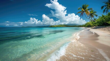 Picturesque Caribbean beach with clear blue skies and serene waters - obrazy, fototapety, plakaty
