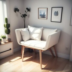 A cozy modern living room corner featuring a stylish white armchair, a small wooden side table with a plant, and framed artwork on the wall, bathed in warm sunlight.
