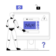 Bypass captcha, Anti captcha, Solving service. Robot enters captcha on the monitor screen. Vector illustration with line people for web design.