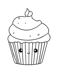 
Cute Kawaii cupcake coloring Pages, Cupcake illustration, cupcake black and white,  cupcake flat design, cake vector art.