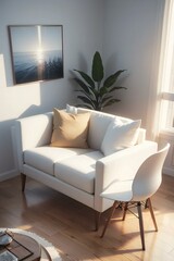 A cozy living room corner featuring a white sofa with beige pillows, a small chair, and a potted plant, illuminated by natural sunlight.