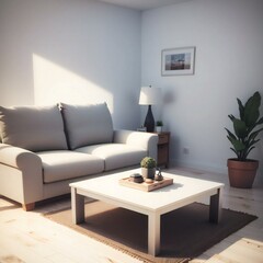 A cozy living room with a white sofa, coffee table, and indoor plants, bathed in natural sunlight.