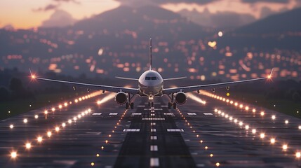Airplane Landing approaching runway at sunrise. AI Generated - obrazy, fototapety, plakaty