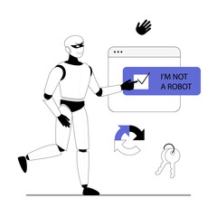 Bypass captcha, Anti captcha, Solving service. Robot clicking on captcha - I'm not a robot. Vector illustration with line people for web design.