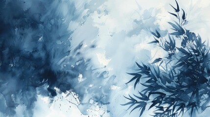 Watercolor storm abstract sky backdrop with foliage Eastern art in sumi e and gohua style