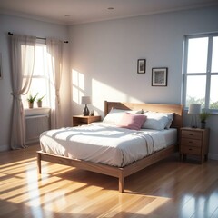 Cozy bedroom with natural light streaming through the window, featuring a neatly made bed, wooden furniture, and soft curtains.