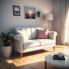 Cozy living room with a white sofa, pink cushions, a floor lamp, and decorative plants. Sunlight streams through the window.