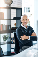 Office, portrait and mature man at desk with confidence, pride and lawyer with business opportunity. CEO, manager and businessman in workplace with legal career, smile and professional at law firm. - obrazy, fototapety, plakaty