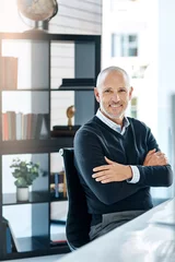 Foto auf Acrylglas Office, portrait and mature man at desk with confidence, pride and lawyer with business opportunity. CEO, manager and businessman in workplace with legal career, smile and professional at law firm. © peopleimages.com