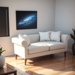 Modern living room with a white sofa, wooden floor, and a space-themed painting on the wall.