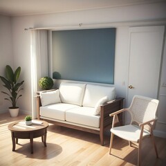 Modern living room with a white sofa, wooden coffee table, and a wicker chair, bathed in natural sunlight.