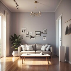 Elegant living room with a modern sofa, wooden coffee table, and a gallery wall of black and white photos. Sunlight streams through large windows, highlighting the lush indoor plant