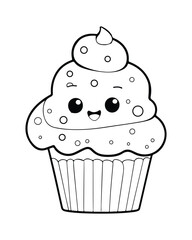 
Cute Kawaii cupcake coloring Pages, Cupcake illustration, cupcake black and white,  cupcake flat design, cake vector art.
