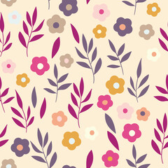 Seamless floral pattern with roses based on traditional folk art ornaments. Colorful flowers on color background. Doodle style. Vector illustration. Design for fabric, textile, paper