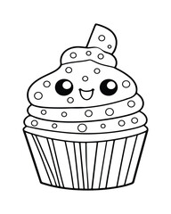 
Cute Kawaii cupcake coloring Pages, Cupcake illustration, cupcake black and white,  cupcake flat design, cake vector art.