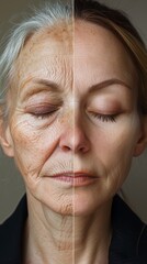 comparative half face after treatment half before mature woman 