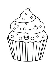
Cute Kawaii cupcake coloring Pages, Cupcake illustration, cupcake black and white,  cupcake flat design, cake vector art.