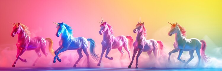 colorful unicorns isolated on solid background - obrazy, fototapety, plakaty