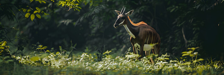Intriguing Okapi in its Lush Green Natural Habitat Bathed in Warm Sunlight - obrazy, fototapety, plakaty