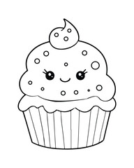 
Cute Kawaii cupcake coloring Pages, Cupcake illustration, cupcake black and white,  cupcake flat design, cake vector art.