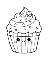 
Cute Kawaii cupcake coloring Pages, Cupcake illustration, cupcake black and white,  cupcake flat design, cake vector art.