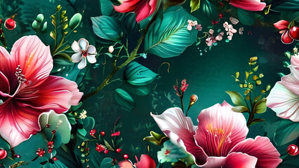 Beautiful floral background with pink hibiscus flowers and green leaves