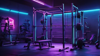  A photorealistic depiction of a professional gym setup featuring a squat rack and barbell, illuminated by captivating neon lights in blue, purple, and green, creating an energetic atmosphere.