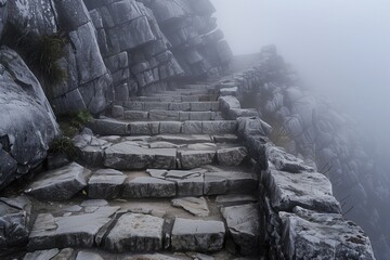 Rugged Stone Staircase Ascending a Misty Grey Mountain, Perfect for Adventure and Travel Publications