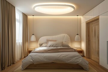 Stylish interior of modern bedroom with ceiling lamps