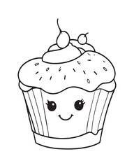 
Cute Kawaii cupcake coloring Pages, Cupcake illustration, cupcake black and white,  cupcake flat design, cake vector art.