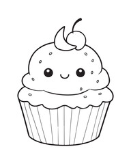 
Cute Kawaii cupcake coloring Pages, Cupcake illustration, cupcake black and white,  cupcake flat design, cake vector art.