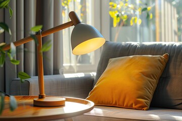 Modern table lamp in living room near the couch