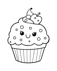 
Cute Kawaii cupcake coloring Pages, Cupcake illustration, cupcake black and white,  cupcake flat design, cake vector art.