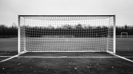 Monochrome image of a metal soccer goal on a practice field with green turf