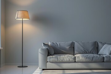 Modern couch with included floor lamp in living room