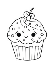 
Cute Kawaii cupcake coloring Pages, Cupcake illustration, cupcake black and white,  cupcake flat design, cake vector art.