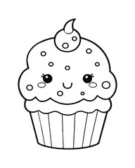 
Cute Kawaii cupcake coloring Pages, Cupcake illustration, cupcake black and white,  cupcake flat design, cake vector art.