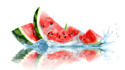 Watermelon with Water Splash Isolated on White Background: PNG File for Food and Beverage Designs, Hand Edited Generative AI