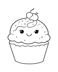 
Cute Kawaii cupcake coloring Pages, Cupcake illustration, cupcake black and white,  cupcake flat design, cake vector art.