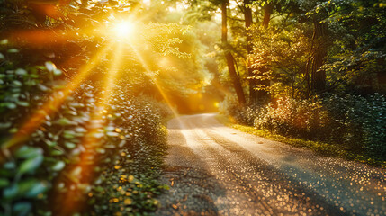 Obraz premium Sunlit Forest Path in Autumn, Rays of Light Filtering Through Colorful Leaves, Inviting and Vibrant Scenery