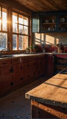 A kitchen with a rustic atmosphere with a wooden countertop and sink.