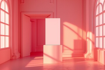 Ultra HD Interior Design with a Blank Pedestal Display in a Luminous Coral Pink Room