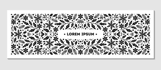 Luxury Christmas frame, abstract sketch winter floral design templates for xmas products. Geometric monochrome square, holly silver backgrounds with fir tree. Use for package, branding, decoration, - 787478075