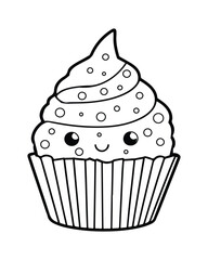 
Cute Kawaii cupcake coloring Pages, Cupcake illustration, cupcake black and white,  cupcake flat design, cake vector art.